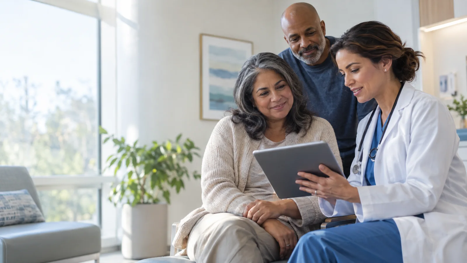A Doctor, Patient and family member reviewing health information together
